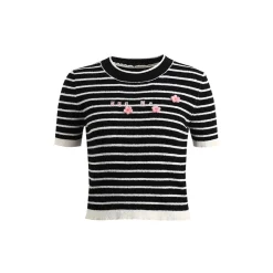 Wildshadow 3D Flower Striped Knit Top Black