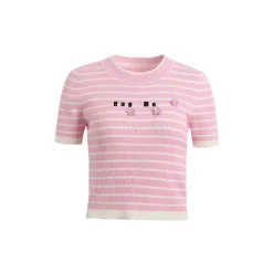 Wildshadow 3D Flower Striped Knit Top Pink
