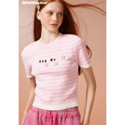 Wildshadow 3D Flower Striped Knit Top Pink