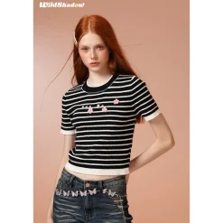 Wildshadow 3D Flower Striped Knit Top Black