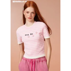 Wildshadow 3D Flower Striped Knit Top Pink