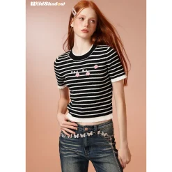 Wildshadow 3D Flower Striped Knit Top Black