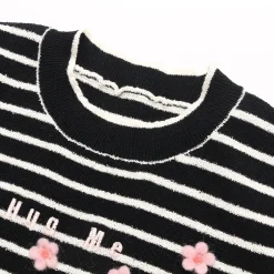 Wildshadow 3D Flower Striped Knit Top Black