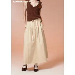 Wildshadow Drawstring Destroy Edges Long Skirt Cream
