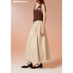 Wildshadow Drawstring Destroy Edges Long Skirt Cream