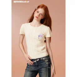 Wildshadow Heart Embroidery Twisted Knit Top Cream