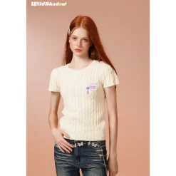 Wildshadow Heart Embroidery Twisted Knit Top Cream