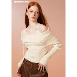 Wildshadow Off-Shoulder Drawstring Knit Top Cream