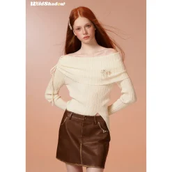 Wildshadow Off-Shoulder Drawstring Knit Top Cream