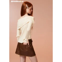 Wildshadow Off-Shoulder Drawstring Knit Top Cream
