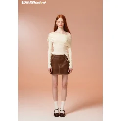 Wildshadow Off-Shoulder Drawstring Knit Top Cream