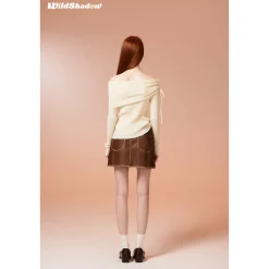 Wildshadow Off-Shoulder Drawstring Knit Top Cream
