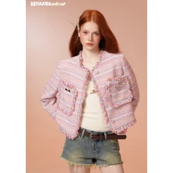 Wildshadow Tassel Colorful Striped Tweed Jacket Pink
