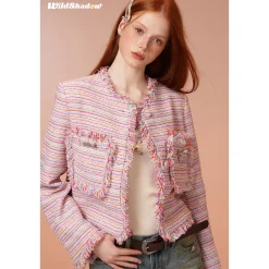 Wildshadow Tassel Colorful Striped Tweed Jacket Pink