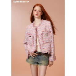 Wildshadow Tassel Colorful Striped Tweed Jacket Pink