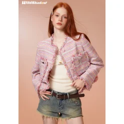 Wildshadow Tassel Colorful Striped Tweed Jacket Pink