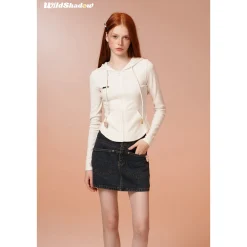 Wildshadow Teddy Bear Knit Slim Hooded Top Cream